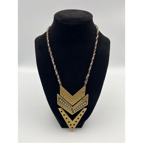 Brass Tone Arrow Rhinestone Triple Chevron Necklace 19.5” - Picture 1 of 3